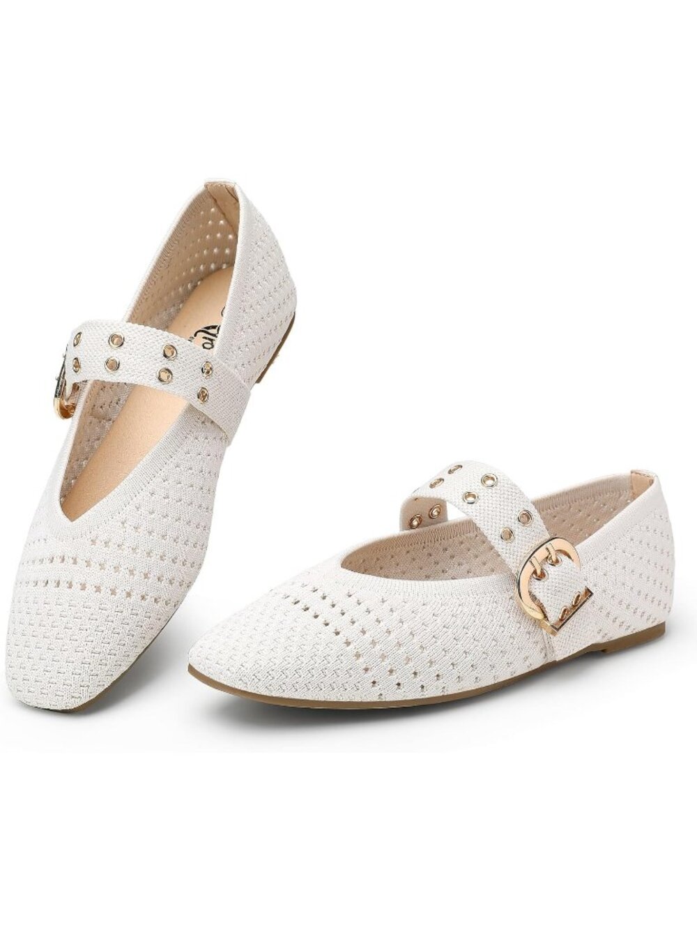 Women's Off White Square Toe Ballet Flats with Buckle Straps Mary Jane Shoes